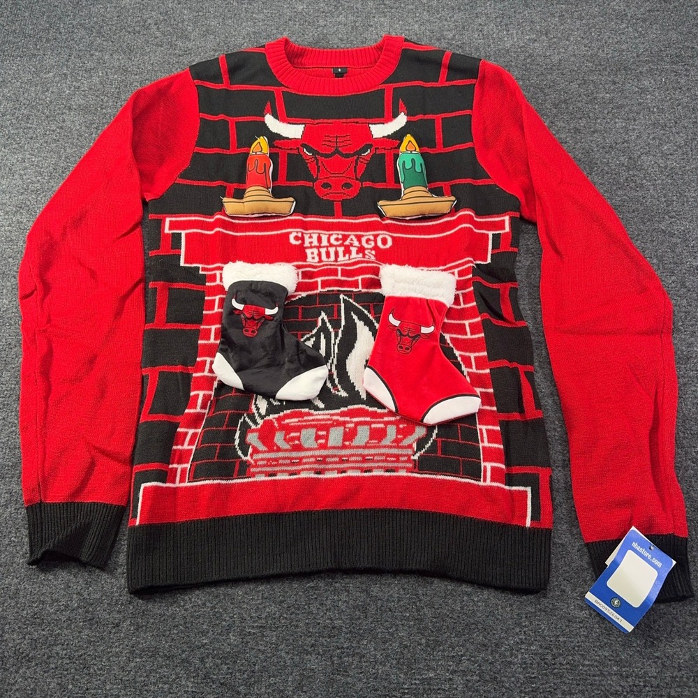 NBA Chicago Bulls Ugly Christmas Sweater Red Black Holiday Stocking Mens S NEW